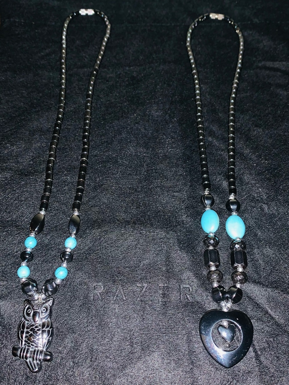 Black and Turquoise Custom Beaded Heart & Owl Pendant Necklaces - Women Jewelry